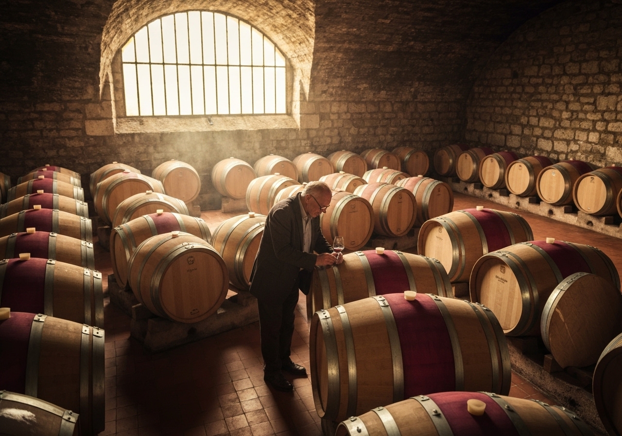 Chateau Lynch Bages wine cellar and barrels