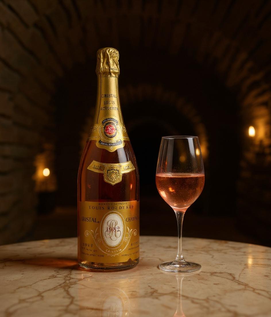 Louis Roederer Cristal Millesime Rose 1982 champagne bottle side angle