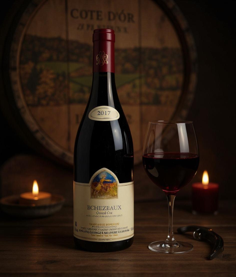 Echezeaux Grand Cru 2017 wine glass and vineyard view
