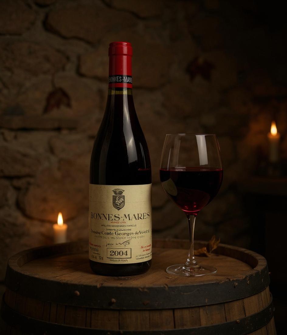 Bonnes-Mares Grand Cru 2004 wine bottle detail and French oak barrel aging