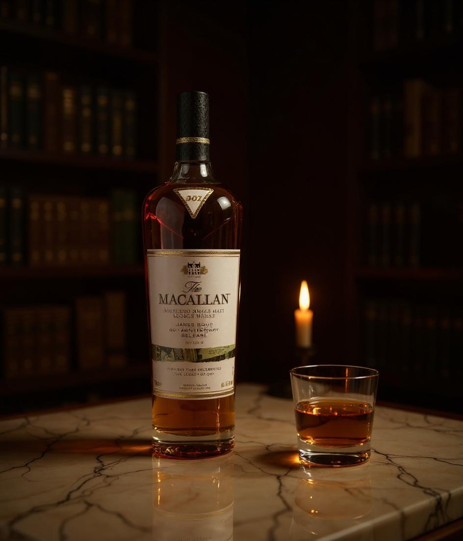 Macallan James Bond whisky bottle showing detailed craftsmanship and design