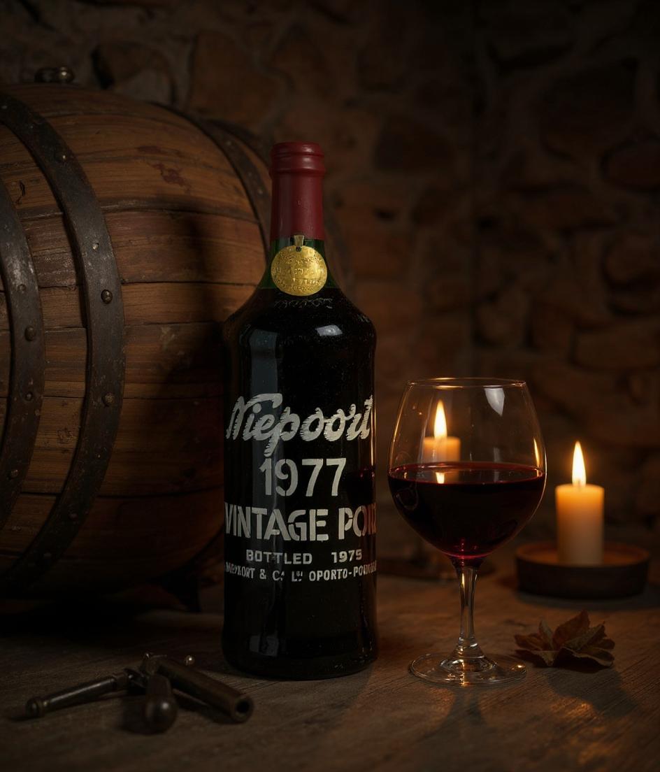 Niepoort Vintage Port 1977 bottle side view showing vintage label