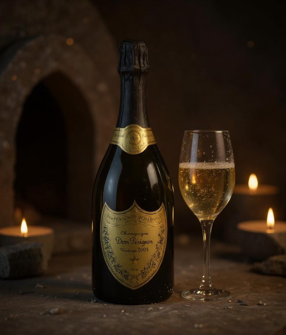 Dom Pérignon 2004 champagne bottle detail view
