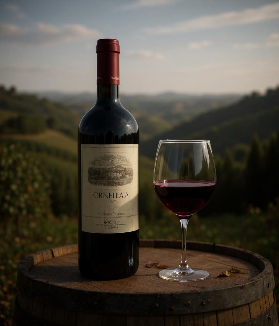 Ornellaia 2007 wine bottle side view showing vintage label