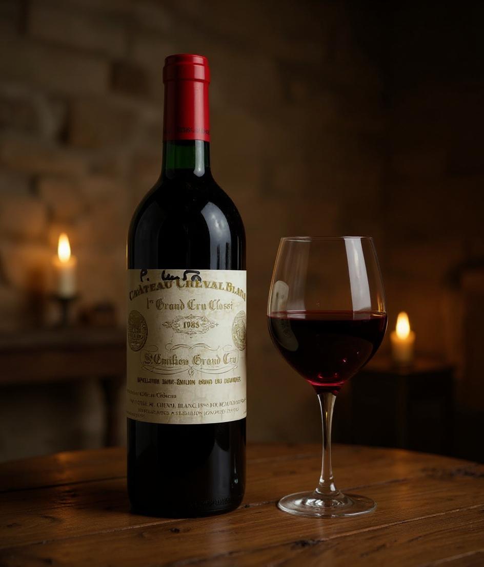 Chateau Cheval Blanc 1985 wine bottle detail and label close-up