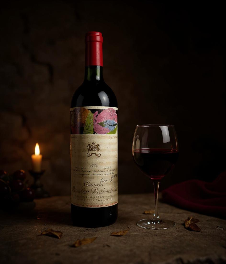 Chateau Mouton Rothschild 1975 wine bottle side angle view