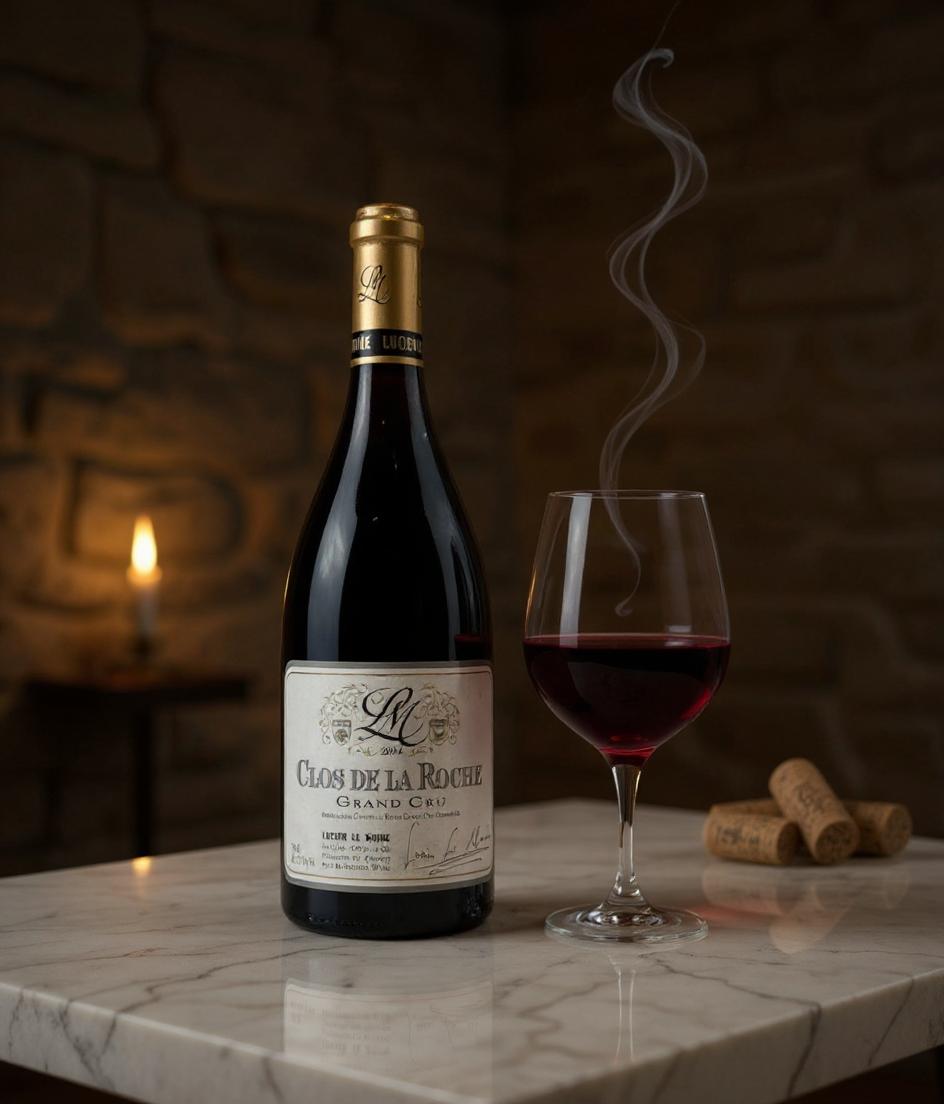 Lucien Le Moine Grand Cru wine glass and bottle detail