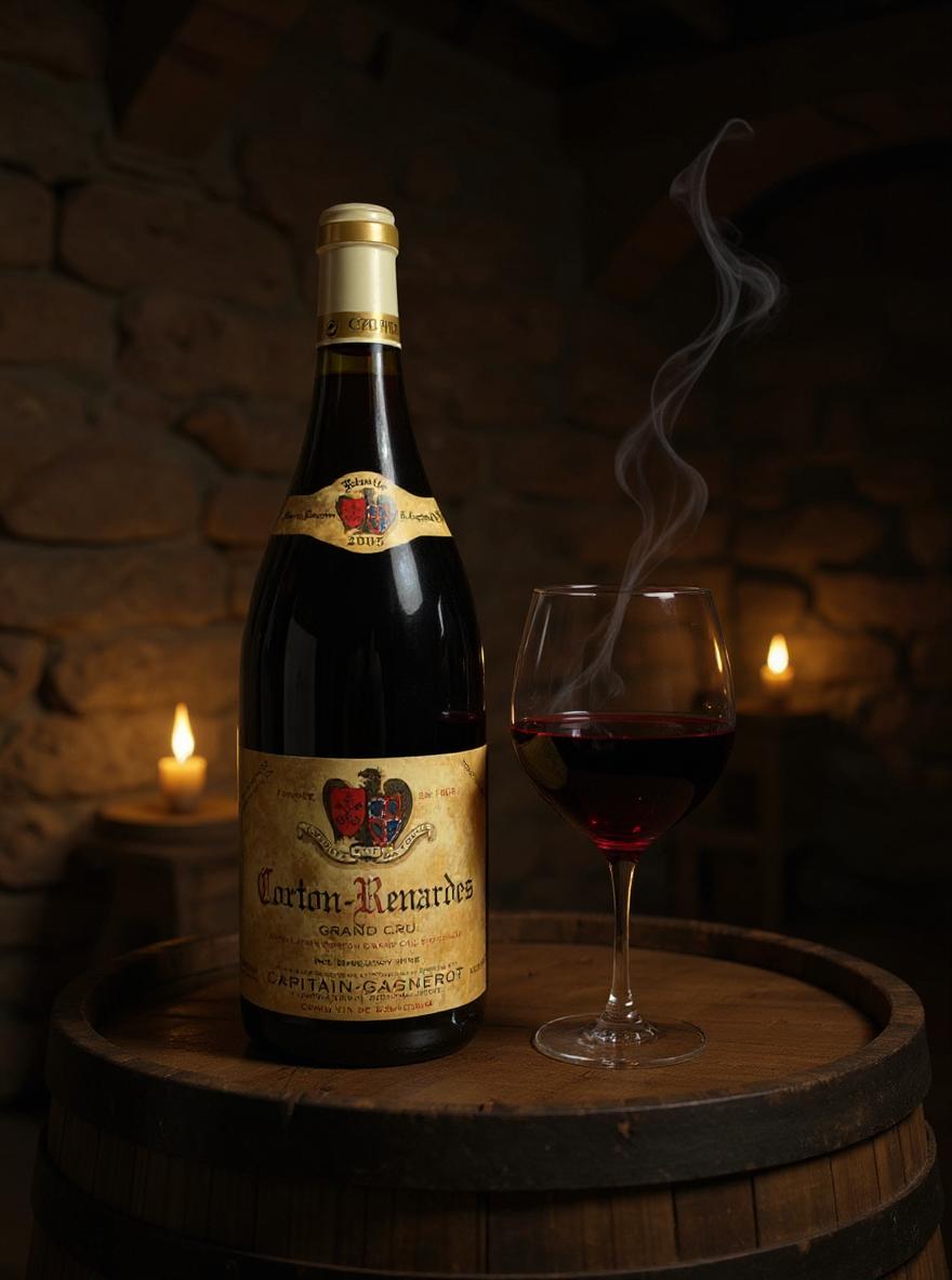 Corton Renardes Grand Cru 2005 bottle side profile showing label details