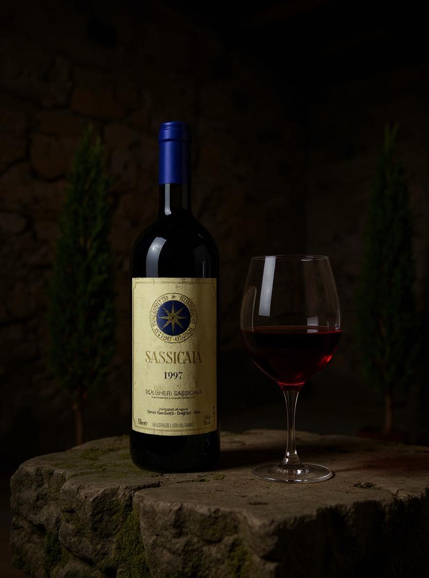 Sassicaia 1997 wine label detail and bottle neck