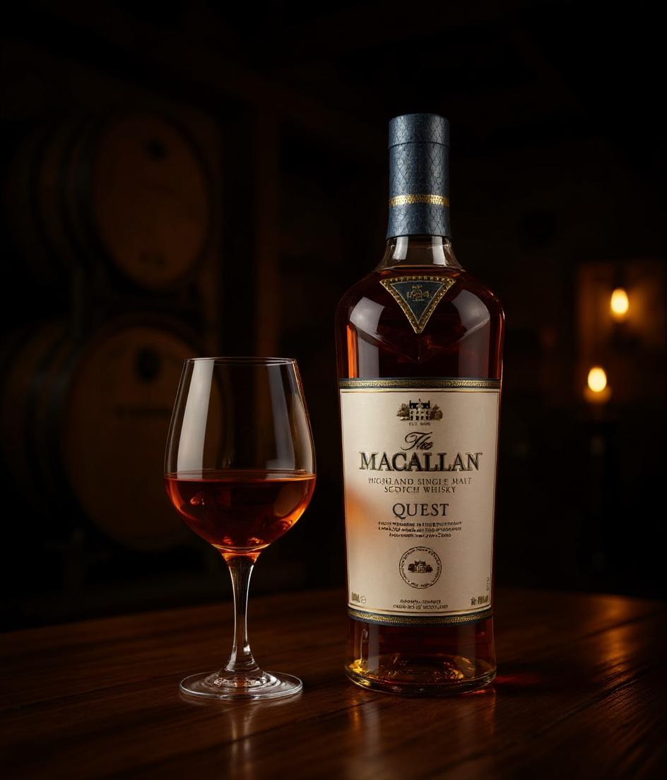 The Macallan QWEST whisky bottle side angle showing premium packaging