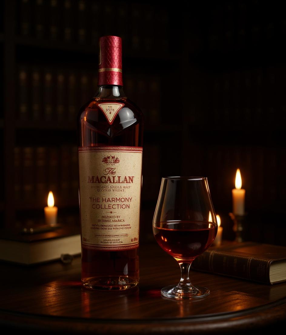 Macallan Harmony Collection Intense Arabica whisky detail view showing premium packaging