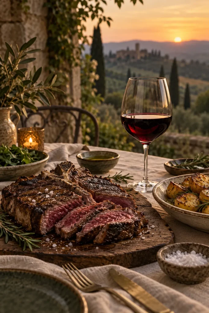 Illustration: red Bolgheri with bistecca, Bolgheri