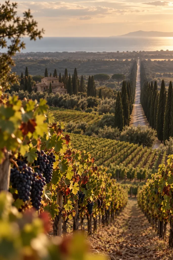 Illustration: coastal vineyards and cypress avenue, Bolgheri