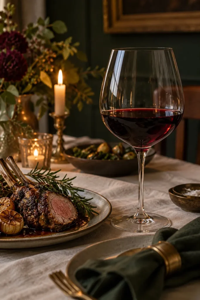 Illustration: a glass of red Bordeaux with roast lamb