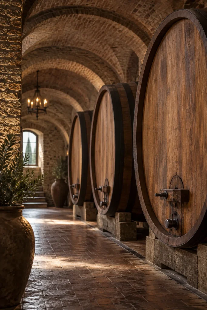 Illustration: cellar with large oak casks, Montalcino