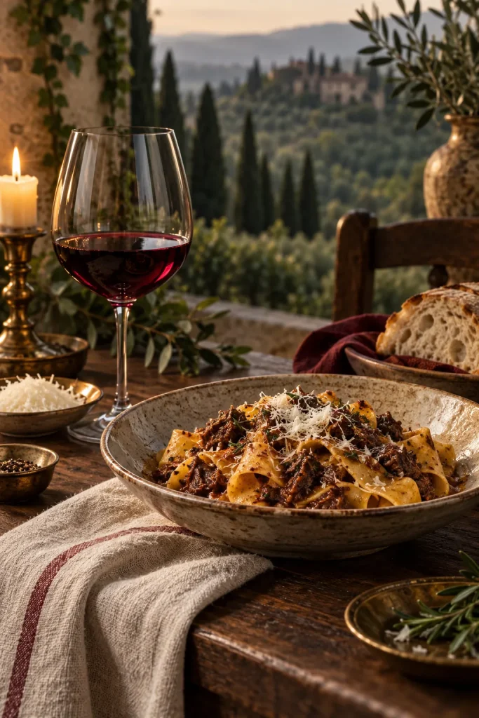 Illustration: Brunello with wild boar pappardelle, Montalcino