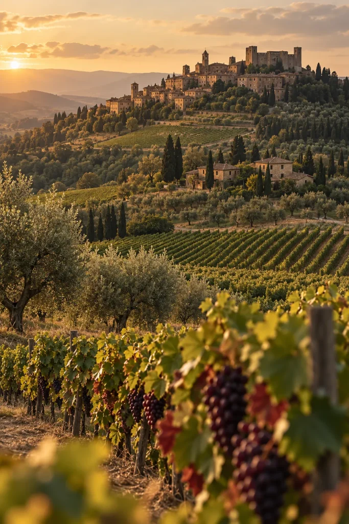 Illustration: Sangiovese hillsides below the town, Montalcino