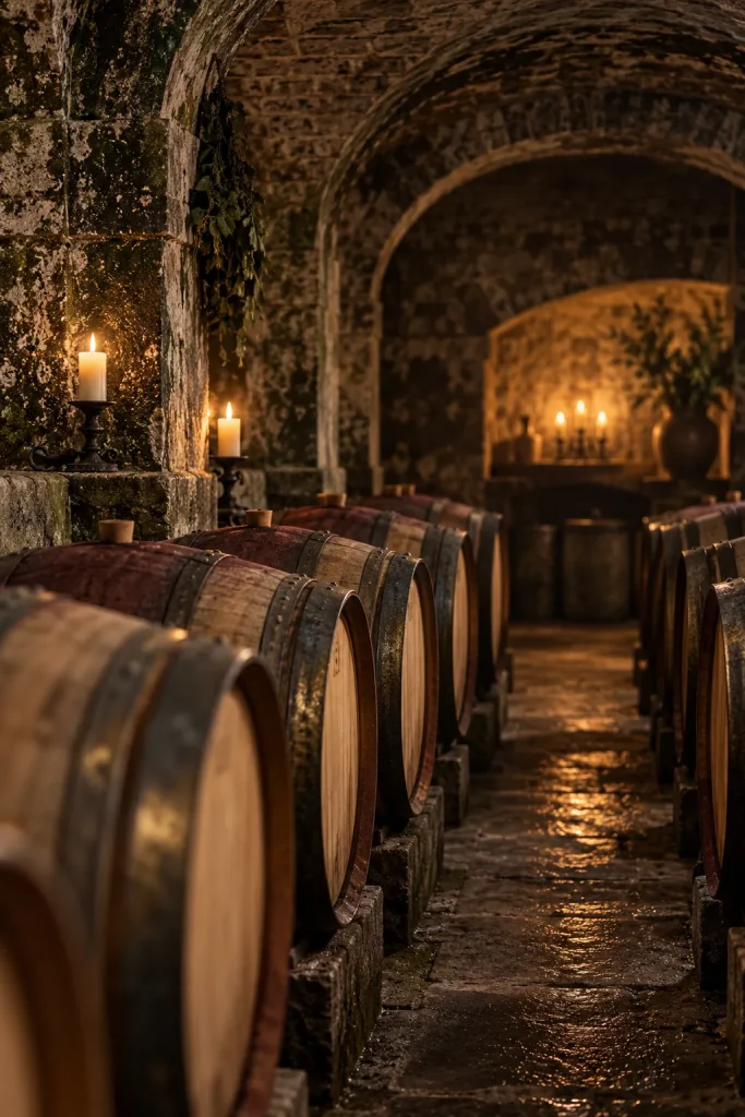 Illustration: vaulted Burgundy cellar with oak pièces