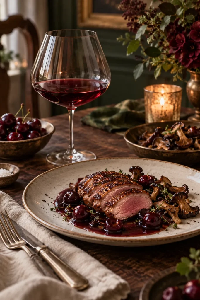 Illustration: a glass of red Burgundy with duck and cherries