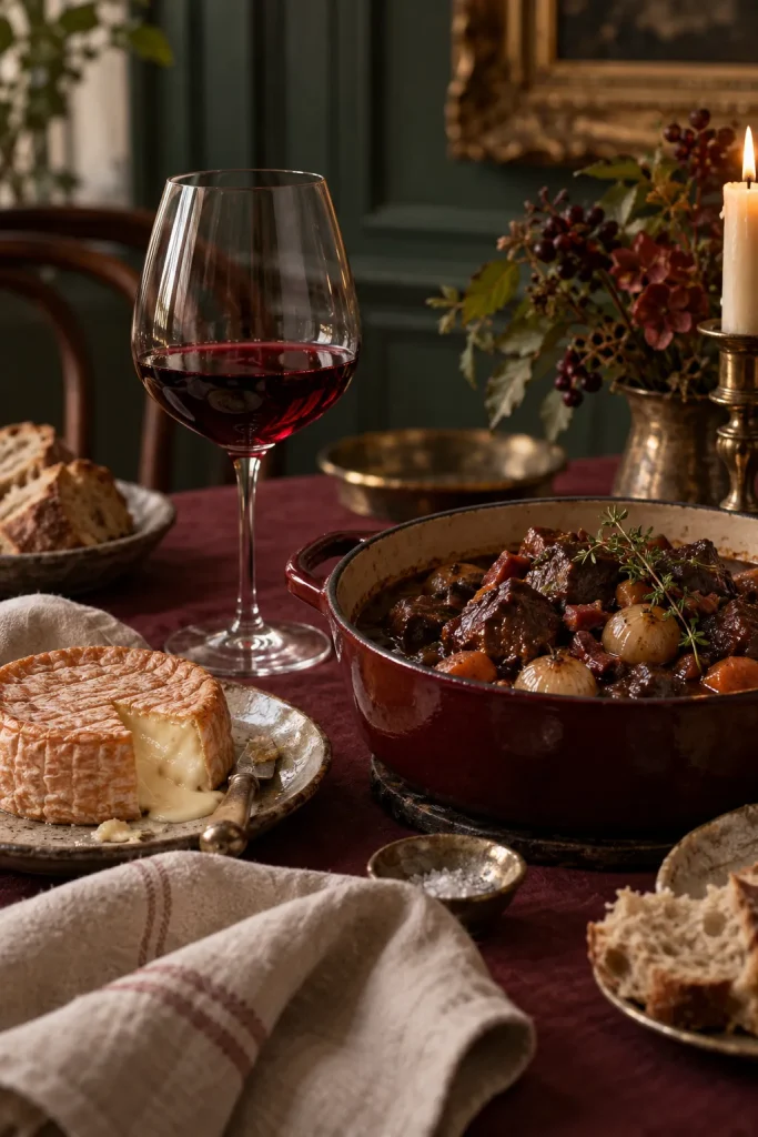 Illustration: red Burgundy with boeuf bourguignon