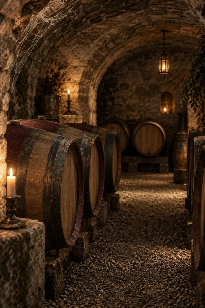 Illustration: vaulted Burgundy cellar with oak barrels