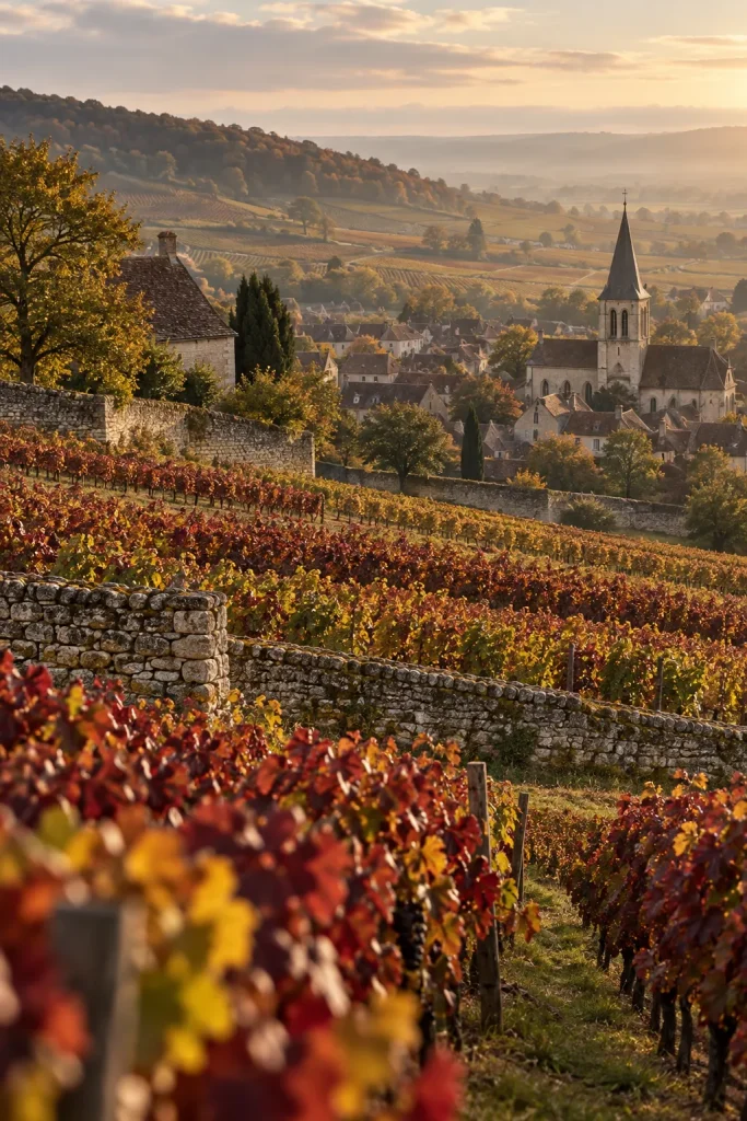 Illustration: walled vineyard parcels on a Burgundy slope