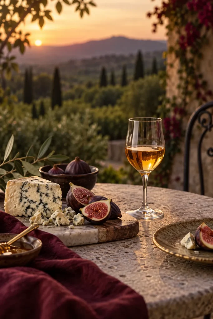 Illustration: a sweet dessert wine with blue cheese and figs