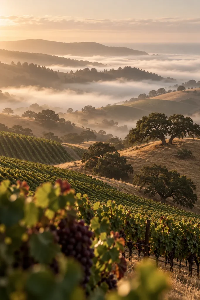 Illustration: Central Coast vineyard hills with live oaks and fog, California