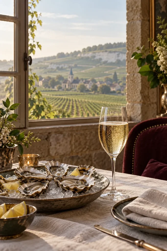 Illustration: a glass of Champagne with oysters in a Champagne village