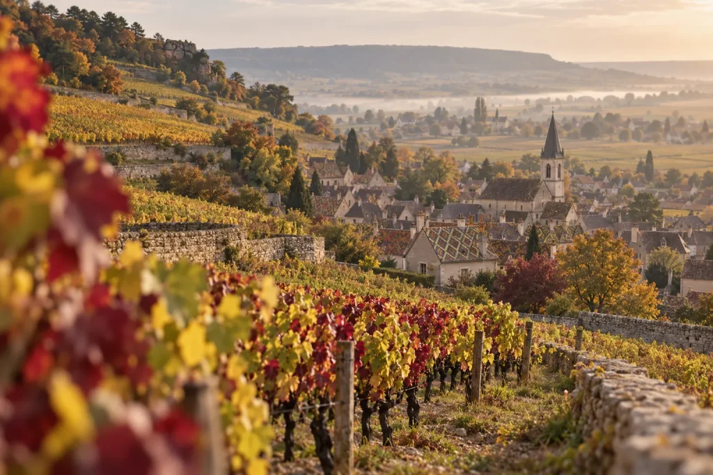 Illustration: vineyard slopes and village, the Côte de Beaune
