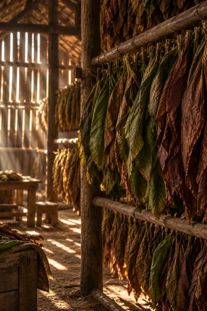 Illustration: tobacco leaves drying in a Cuban barn