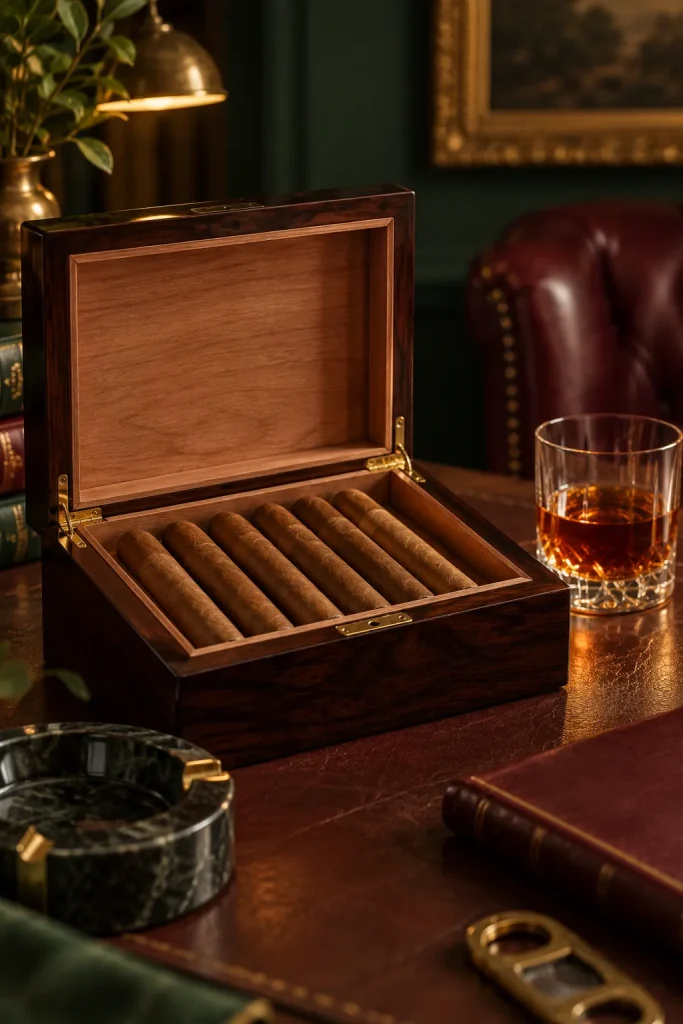 Illustration: open humidor with cigars and a glass of rum
