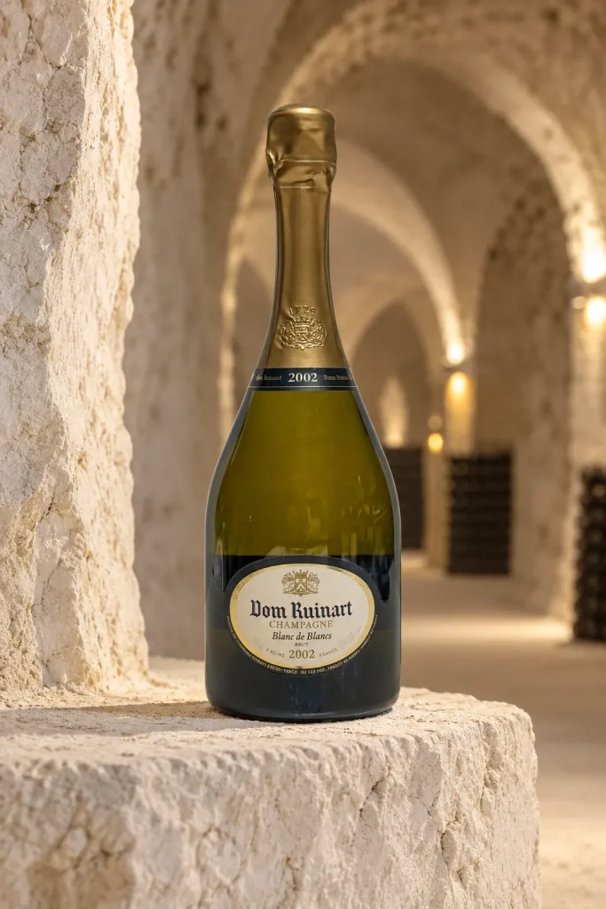 Dom Ruinart Blanc de Blancs 2002 (photo of this bottle; chalk cellar background is an illustration)