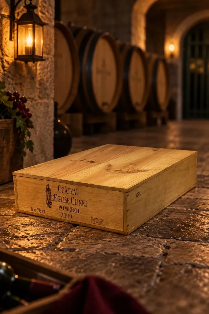 Château L'Église-Clinet 2009, original wooden case of six (photo of this case; cellar background is an illustration)