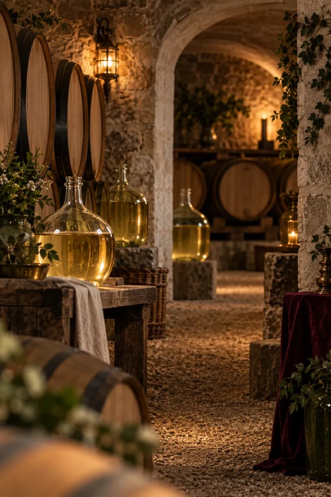 Illustration: Graves cellar with barrels and white wine