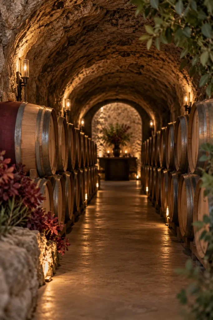 Illustration: barrel cave in a hillside, Napa Valley