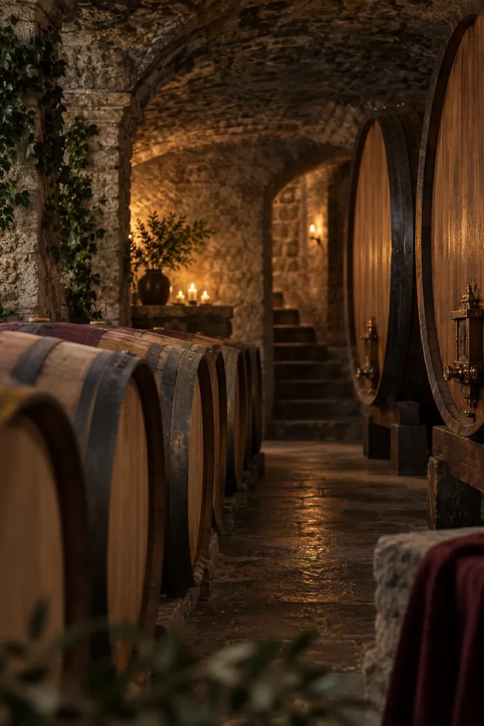 Illustration: stone cellar with barrels and foudres, northern Rhône