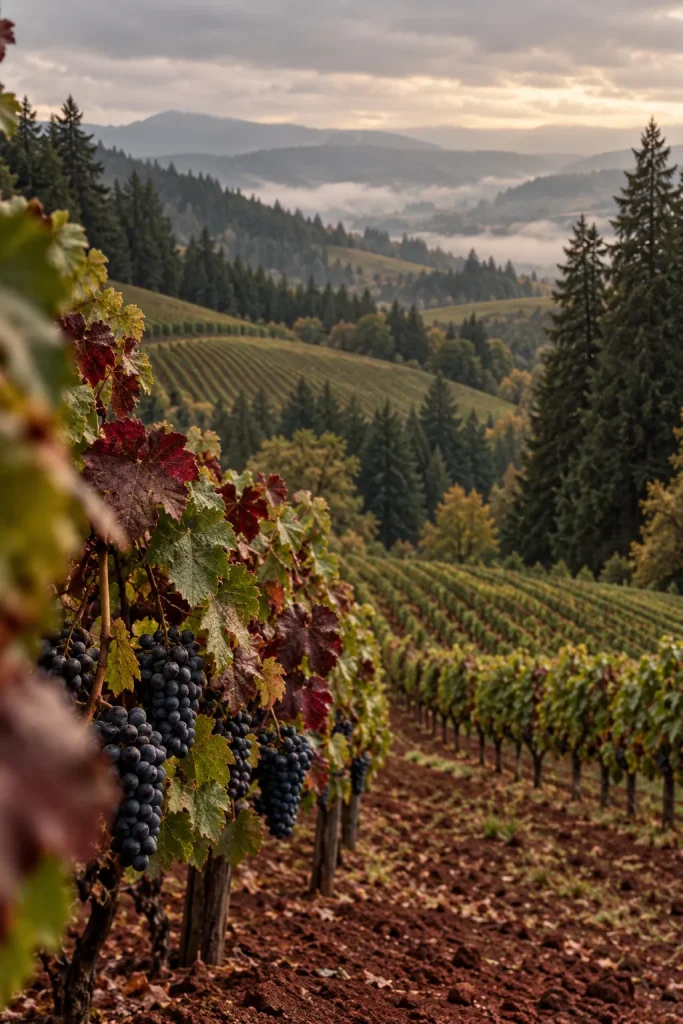 Illustration: Pinot Noir vineyard on red hills, Willamette Valley, Oregon