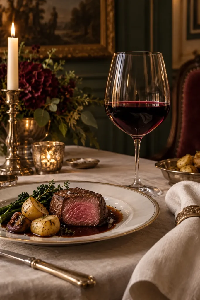 Illustration: a glass of red Pauillac with roast beef