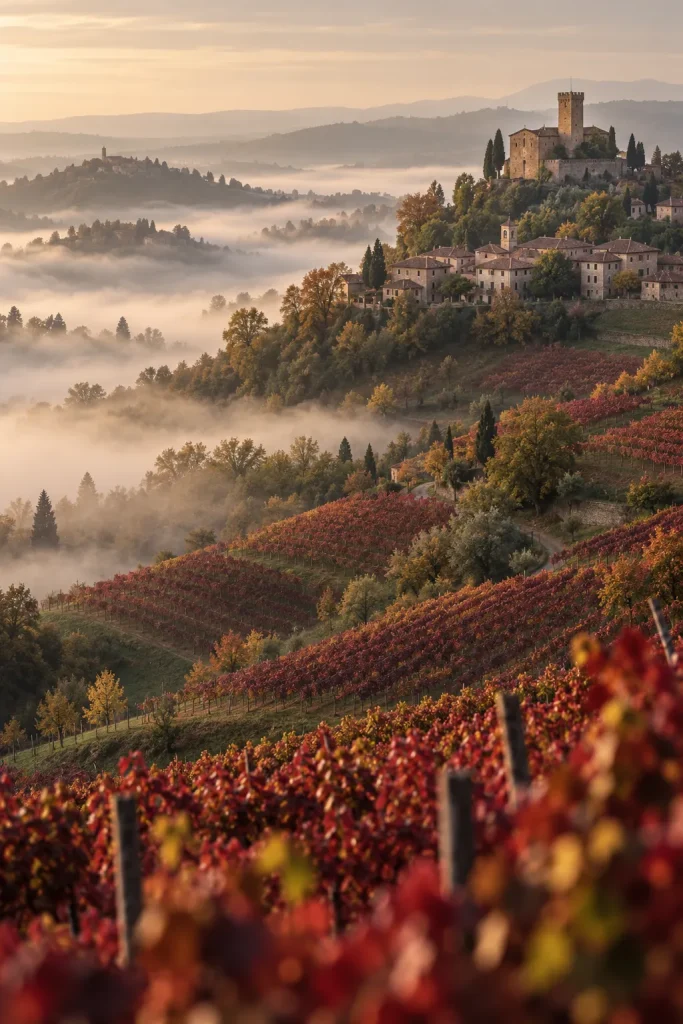 Illustration: Nebbiolo vineyards in the Langhe hills, Piedmont