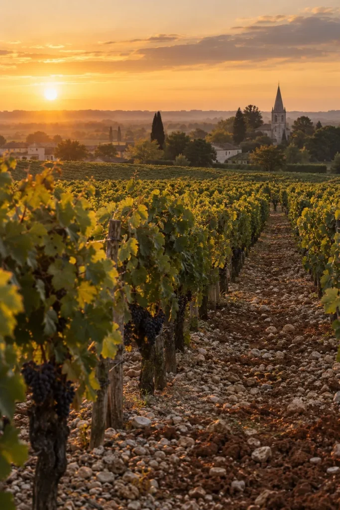 Illustration: Merlot vineyards of Pomerol at sunset