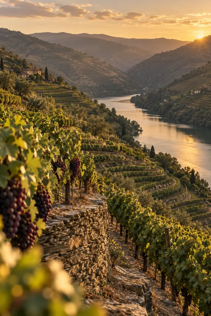 Illustration: terraced vineyards above the river, the Douro