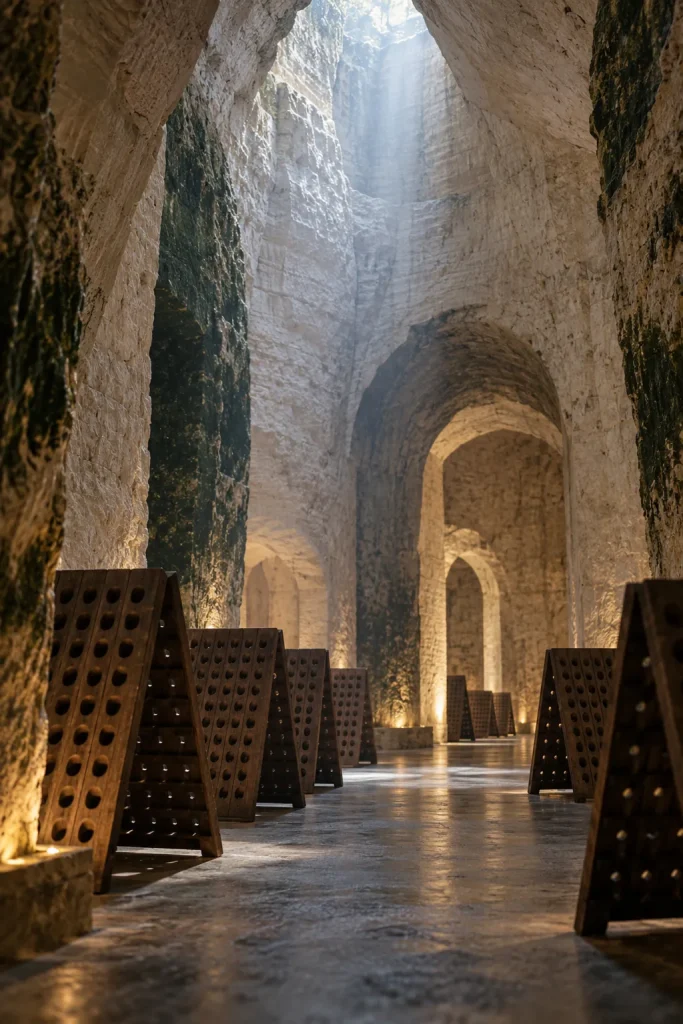 Illustration: chalk cellar (crayère) under Reims with riddling racks