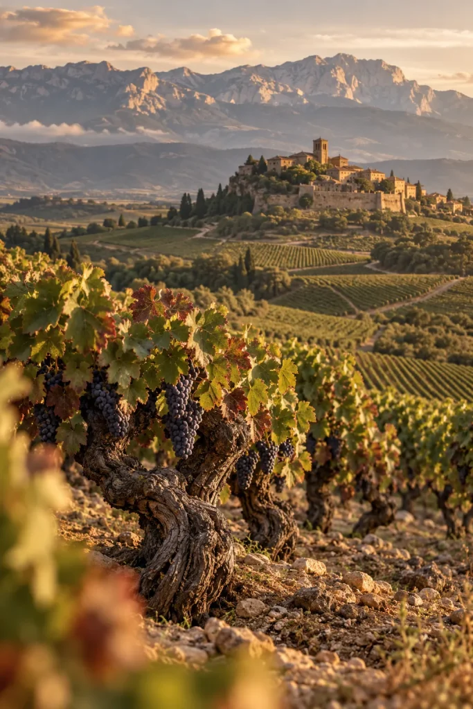 Illustration: Rioja vineyards below the Sierra de Cantabria