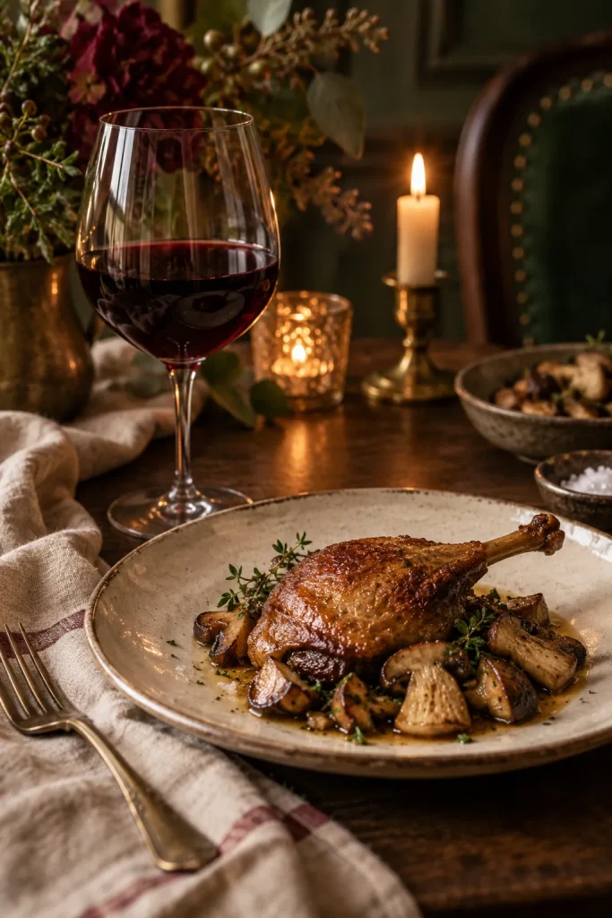 Illustration: red Saint-Émilion with duck and ceps, Saint-Émilion