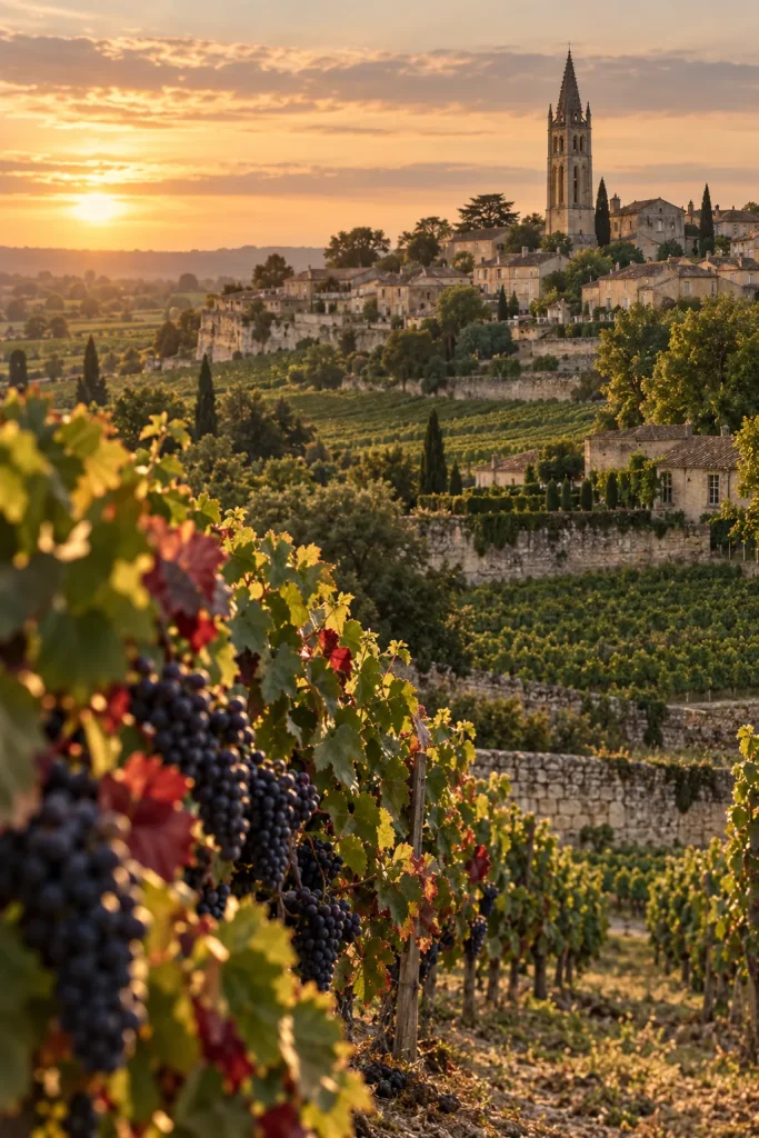 Illustration: limestone vineyards and the medieval village, Saint-Émilion