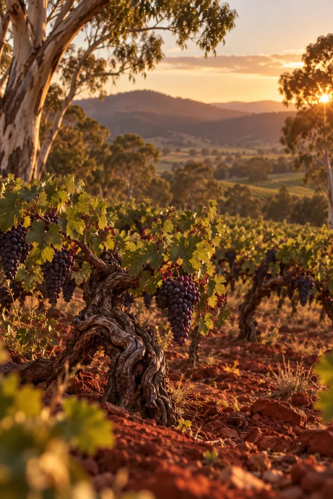 Illustration: old Shiraz bush vines among gum trees, South Australia
