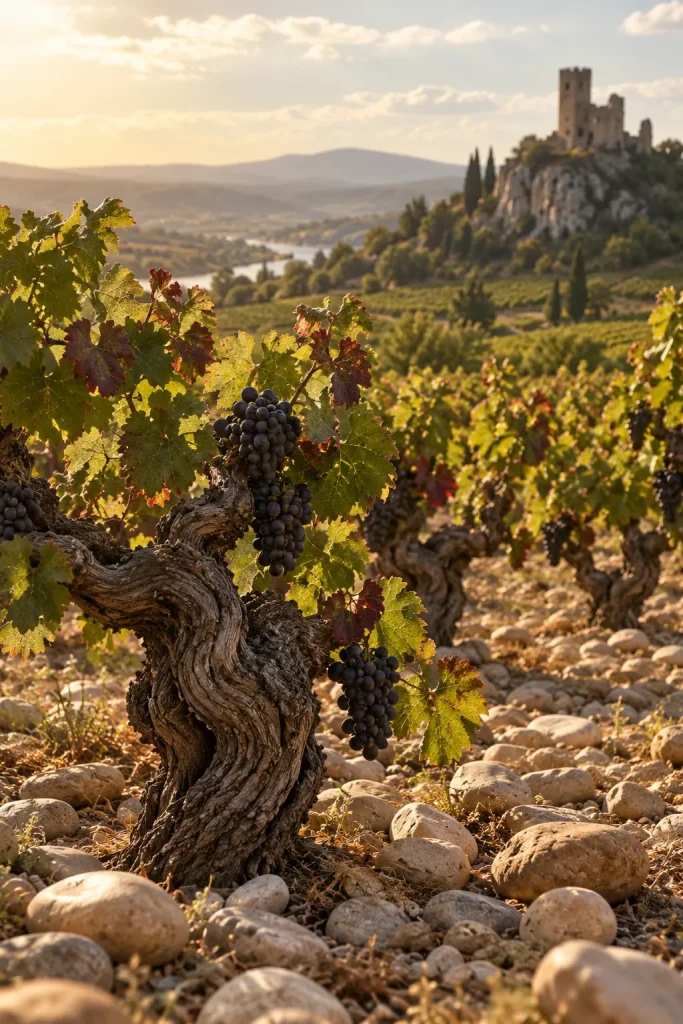 Illustration: old Grenache vines among round pebbles, southern Rhône
