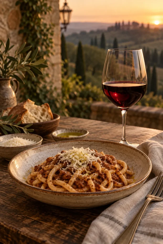 Illustration: Tuscan red wine with pici and pecorino