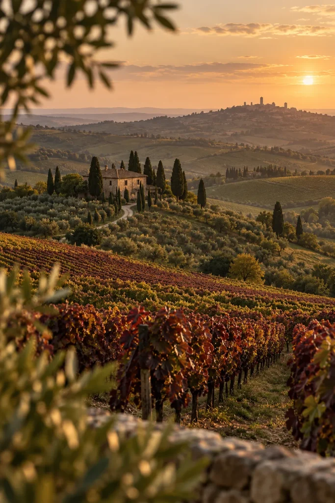 Illustration: Tuscan hills with vineyards, olive trees and cypresses
